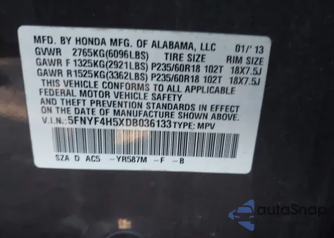 2013 Honda Pilot Ex-L из США, поврежденный, VIN 5FNYF4H5XDB036133